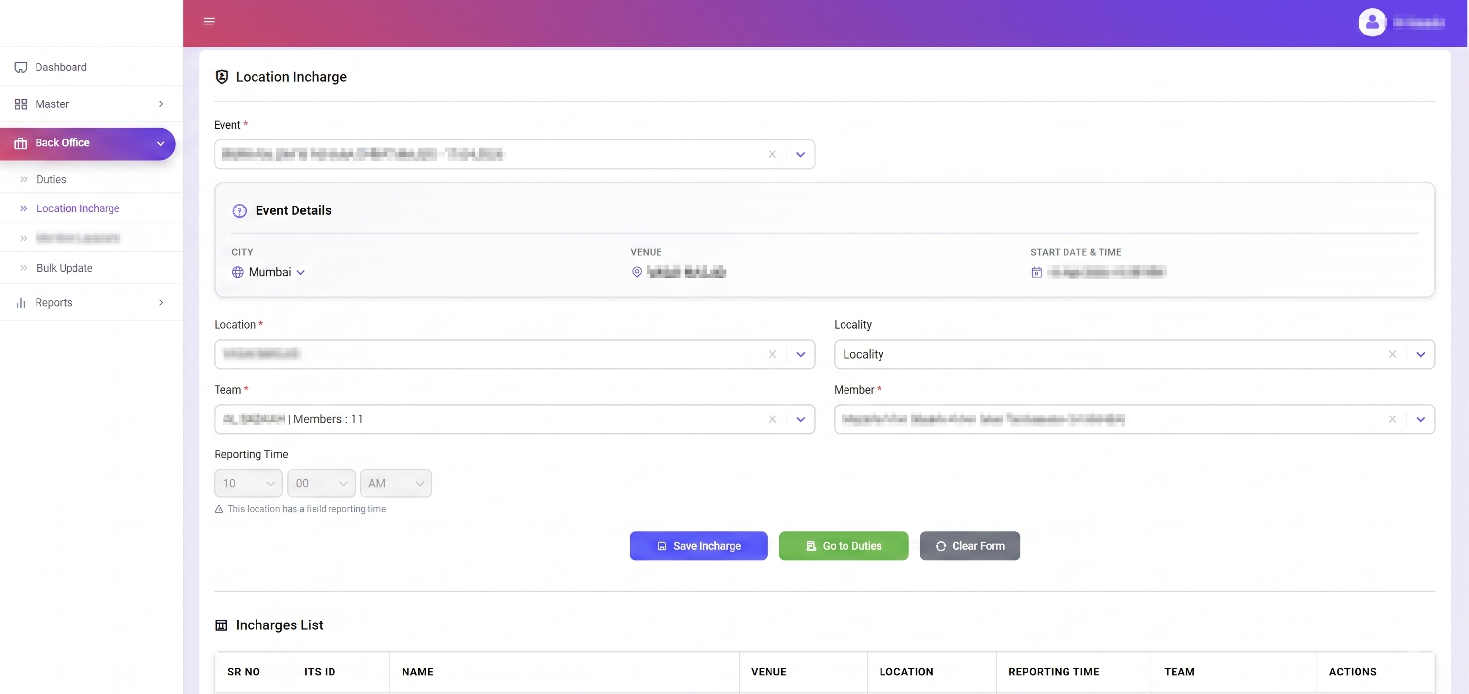 Workforce platform — location incharges management