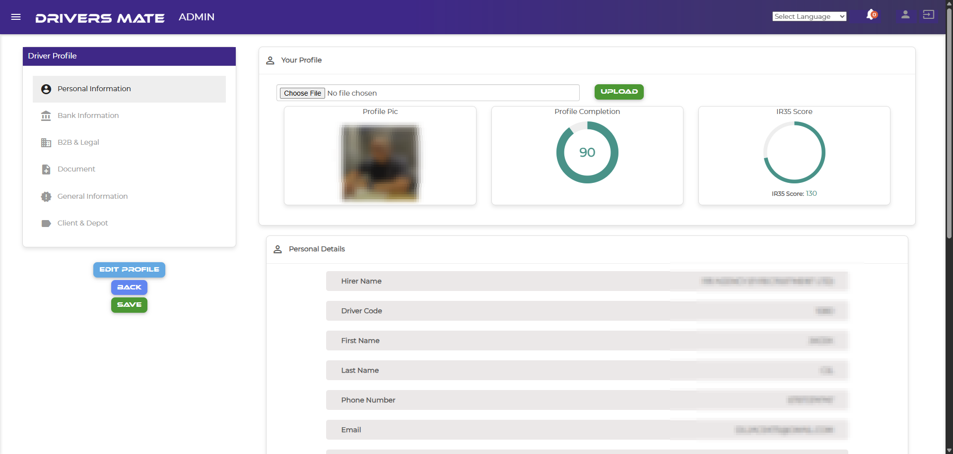 Driversmate driver profile — onboarding details