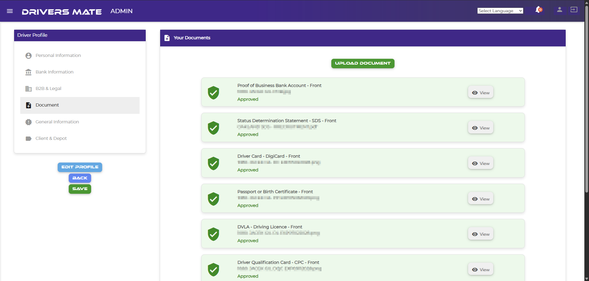 Driversmate driver profile — compliance records