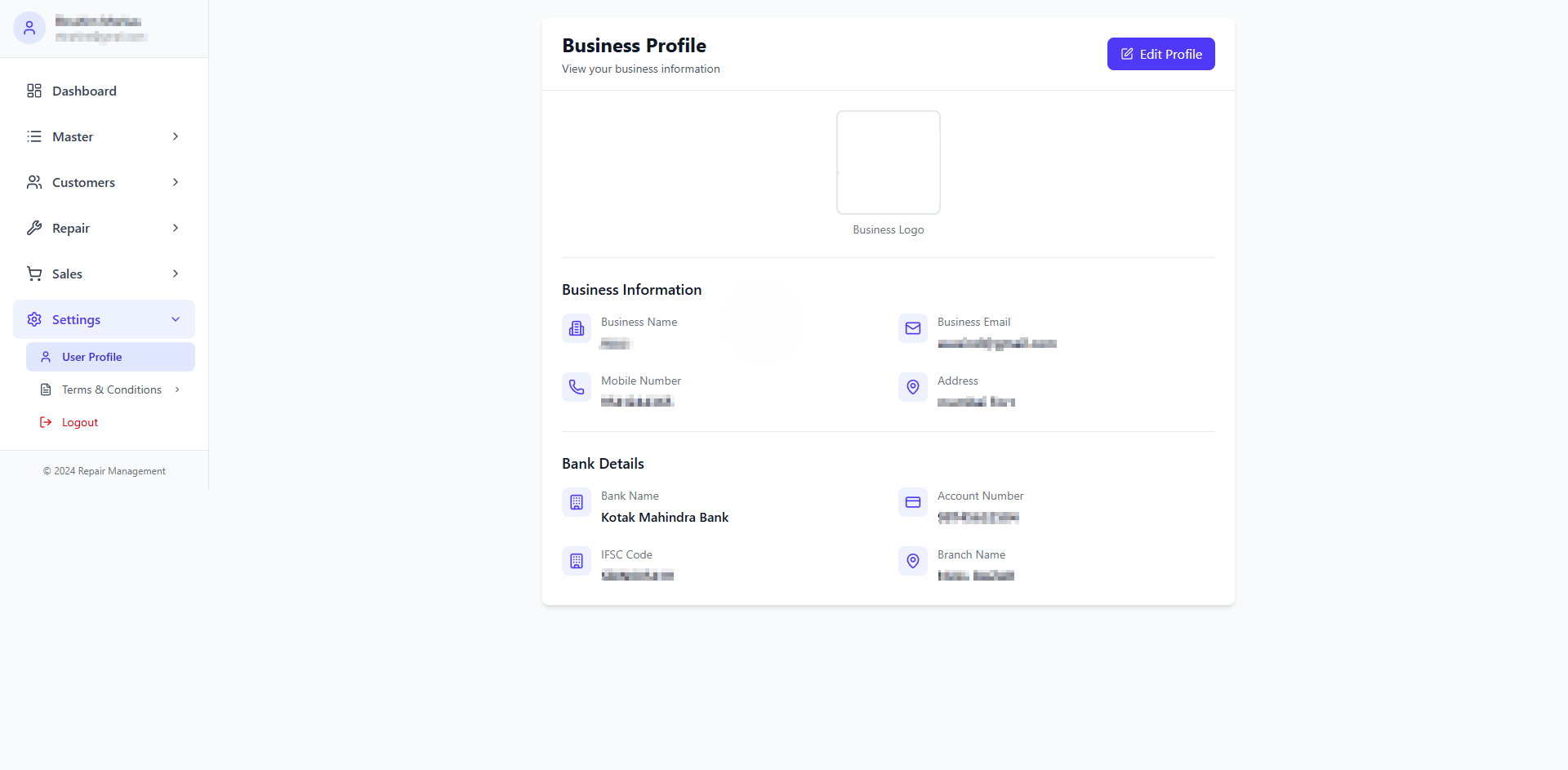 TTech business profile — bank details and settings